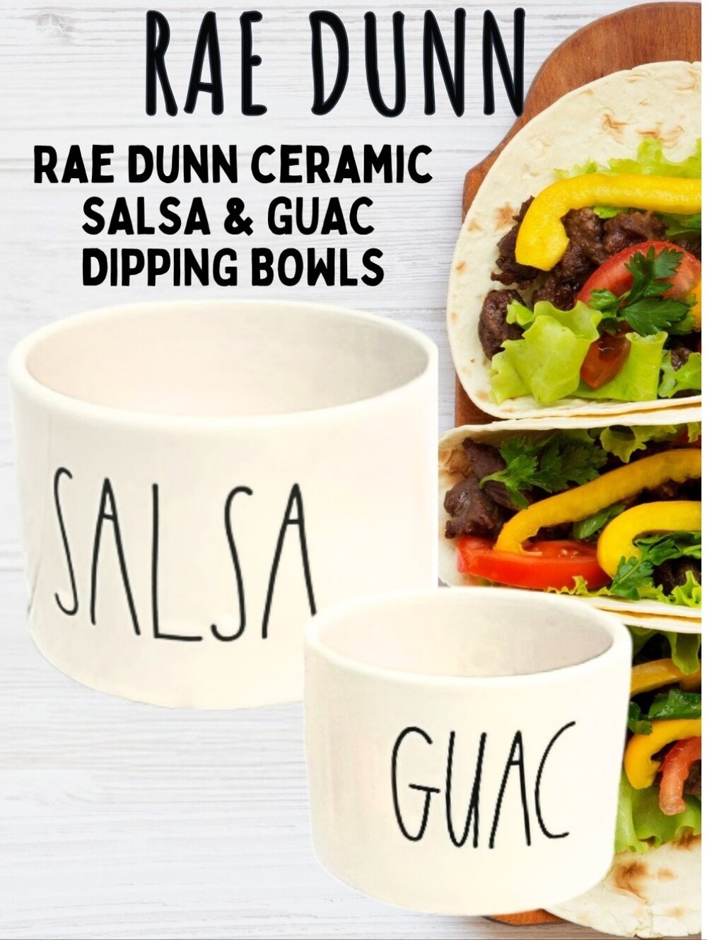 Rae Dunn White Salsa and Guac Ceramic Dip & Chips Set Bowls